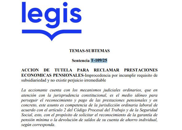 TUTELA PARA RECLAMAR PRESTACIONES PENSIONALES | T-109/25